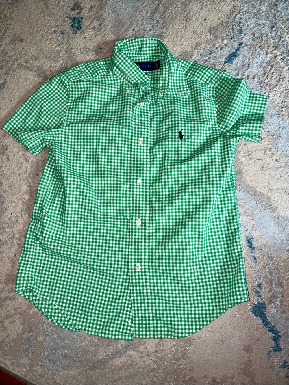 Ralph Lauren Green Gingham Short-Sleeve Button-Down Shirt with Navy Polo Logo